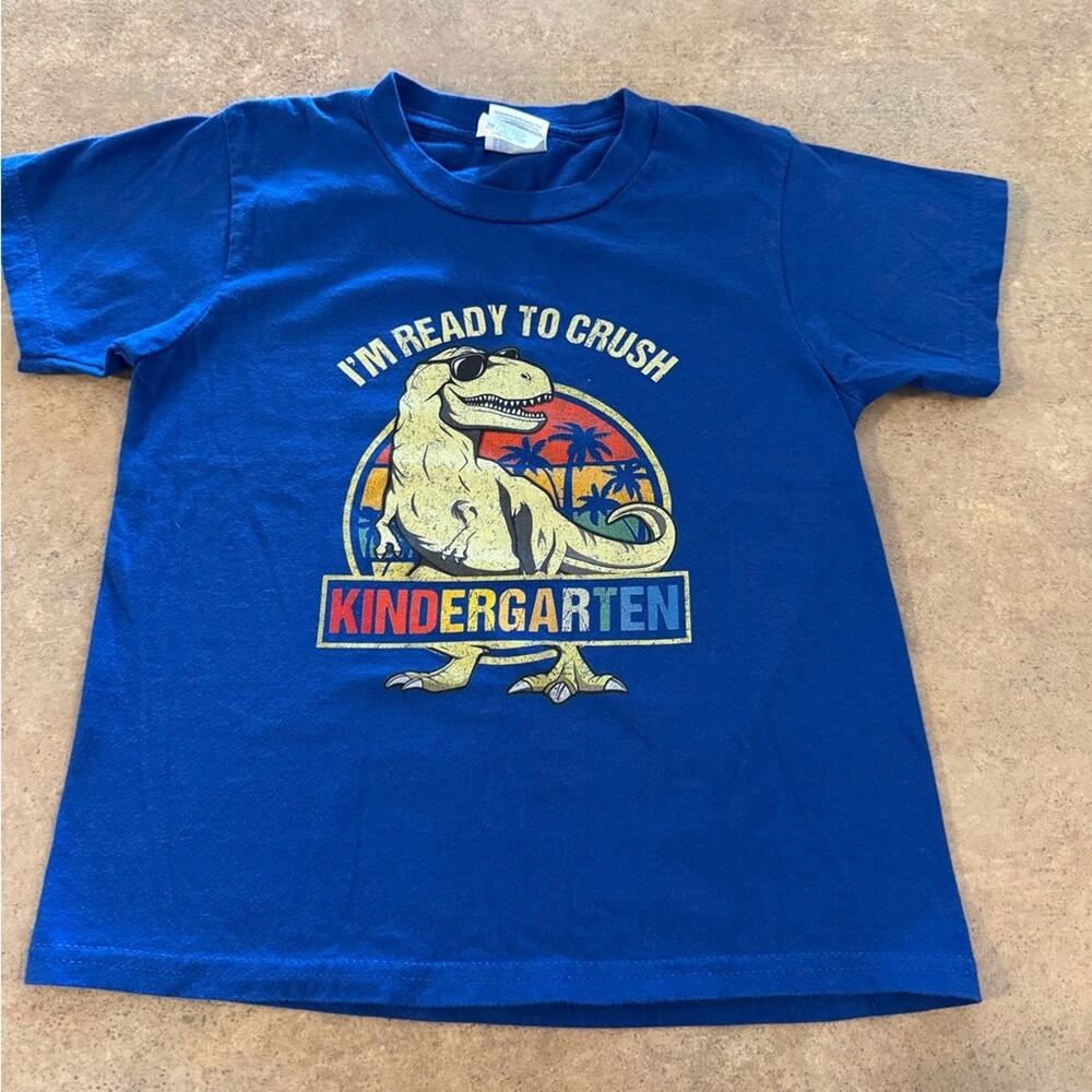 Ready to Crush Kindergarten Dinosaur Blue Short Sleeve Tee Youth Size XS Fun
